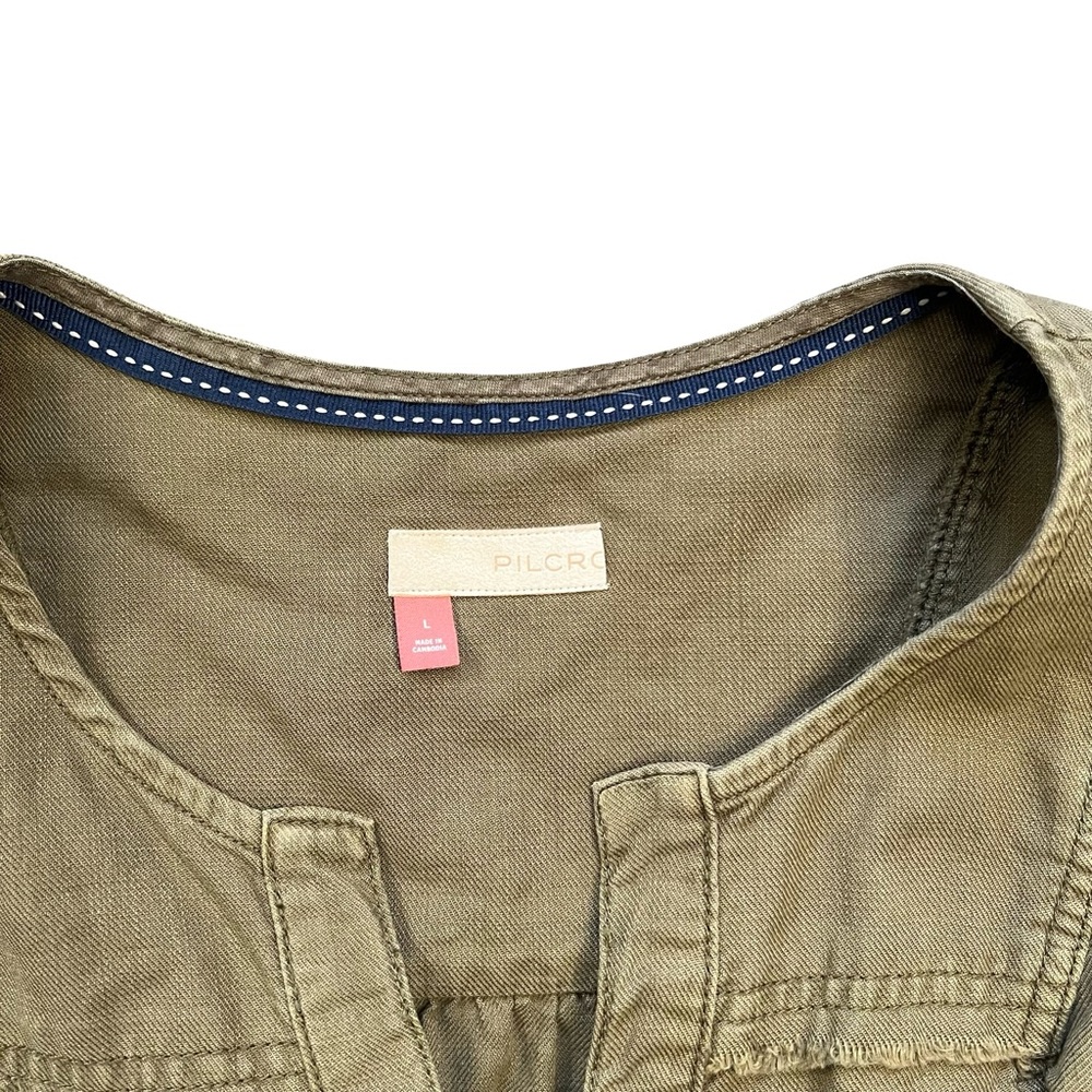 Anthropologie Pilcro Moss Flutter Sleeve Button Front Tunic Dress Olive Green L - Picture 7 of 11